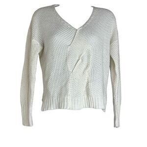 Anthropologie‎ Moon & Meadow XS White Twist Front Sweater VNeck Long Sleeve Cozy